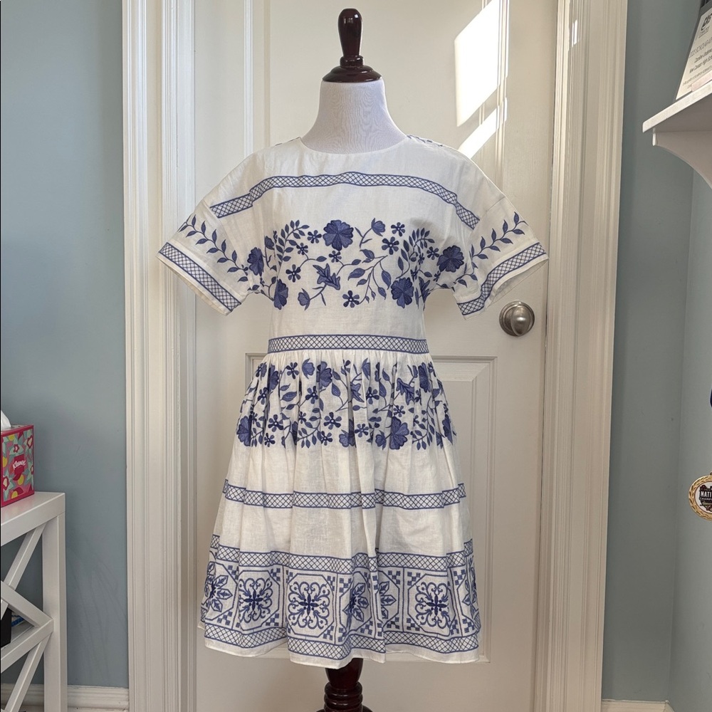 Shoshanna Amparo Embroidered White and Blue Dress